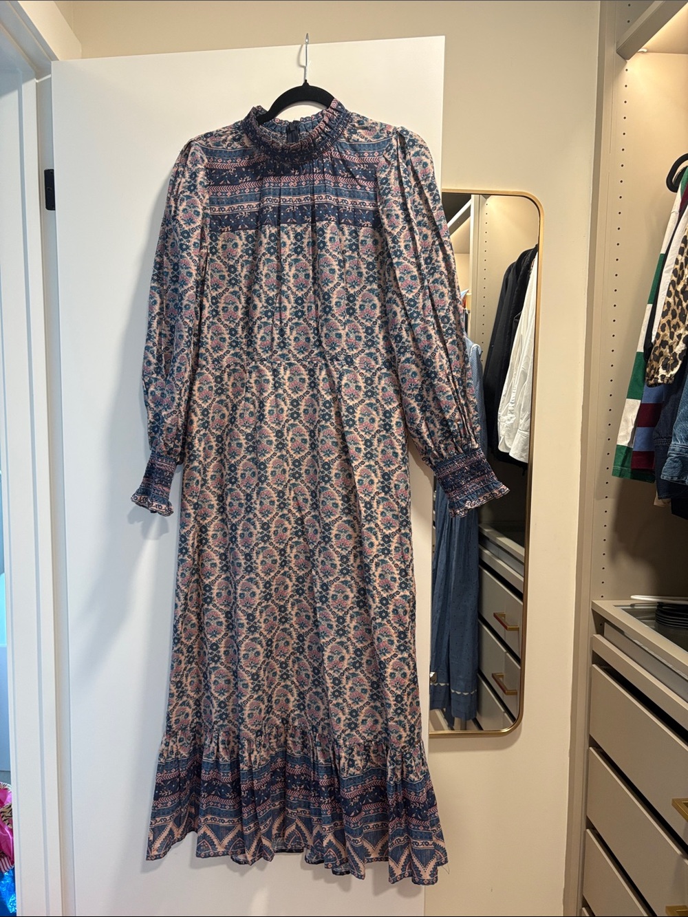 Sea New York Pink and Blue Boho Smocked-Neck Maxi Dress